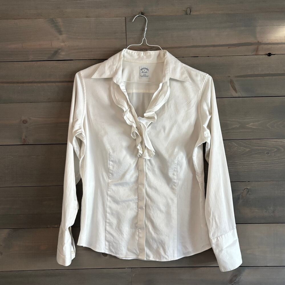 BROOKS BROTHERS | Women's White Cotton Blend Ruffle V-Neck Button Up Sz 12